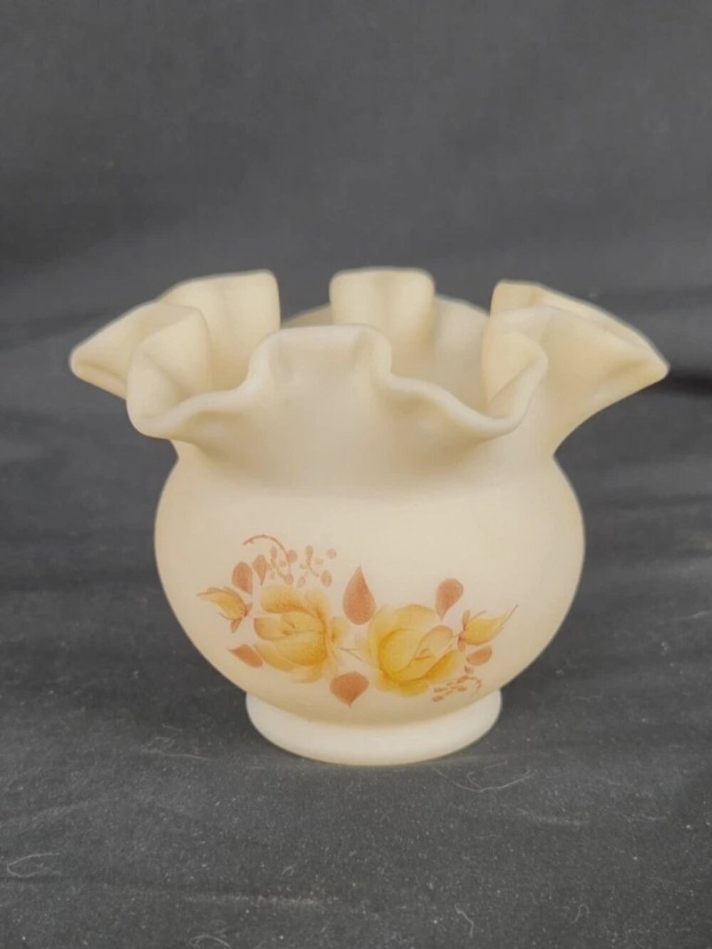 Fenton Ruffled Edge Custard Satin Glass Floral Bowl/Vase Hand Painted & Signed
